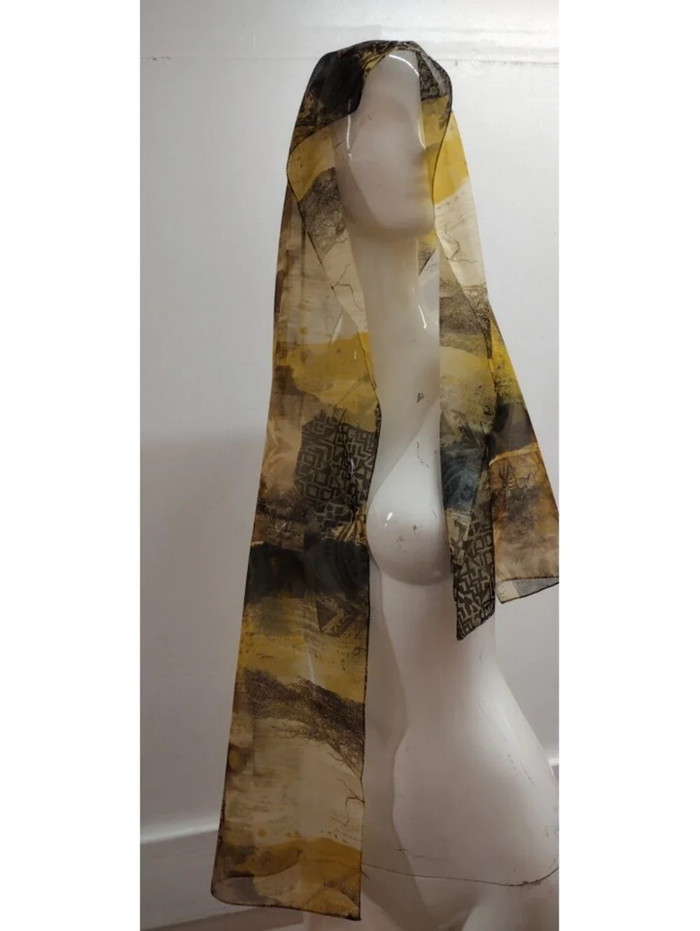 Vintage Mustard Sheer Scarf Safari Wild Animals Zebra Elephant Bohemian African